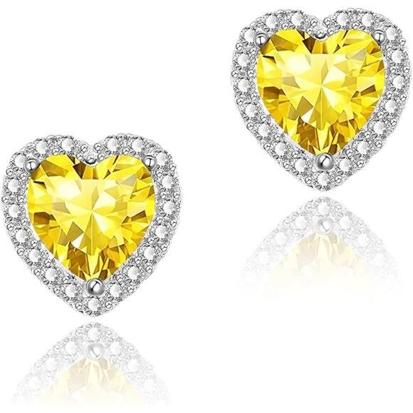 Yellow Heart Halo Stud Earrings Cubic Zirconia Simulated Diamond Jewelry - Picture 7 of 7